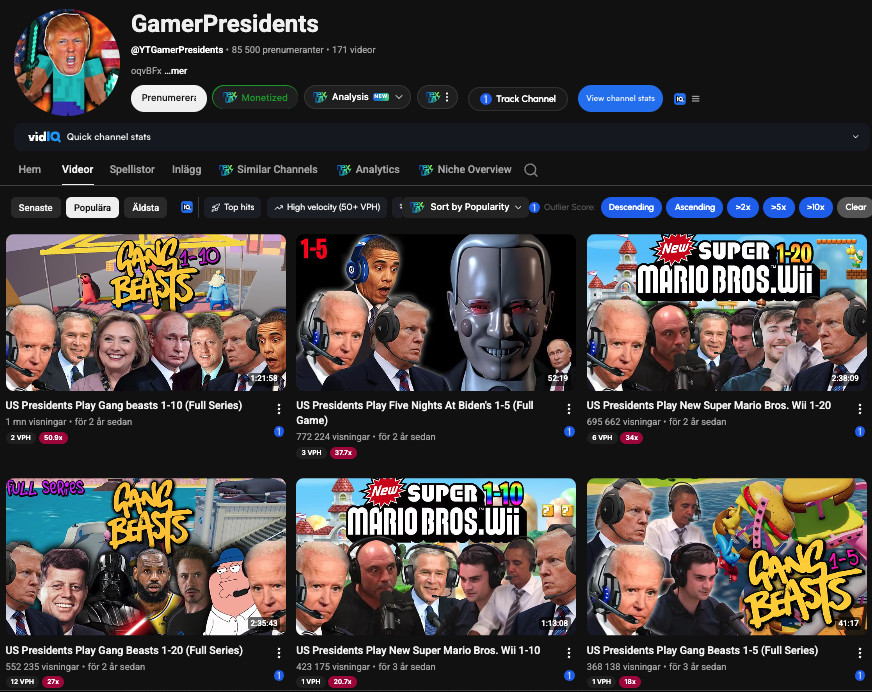 The GamerPresidents YouTube channel page, 85,500 subscribers and 171 videos