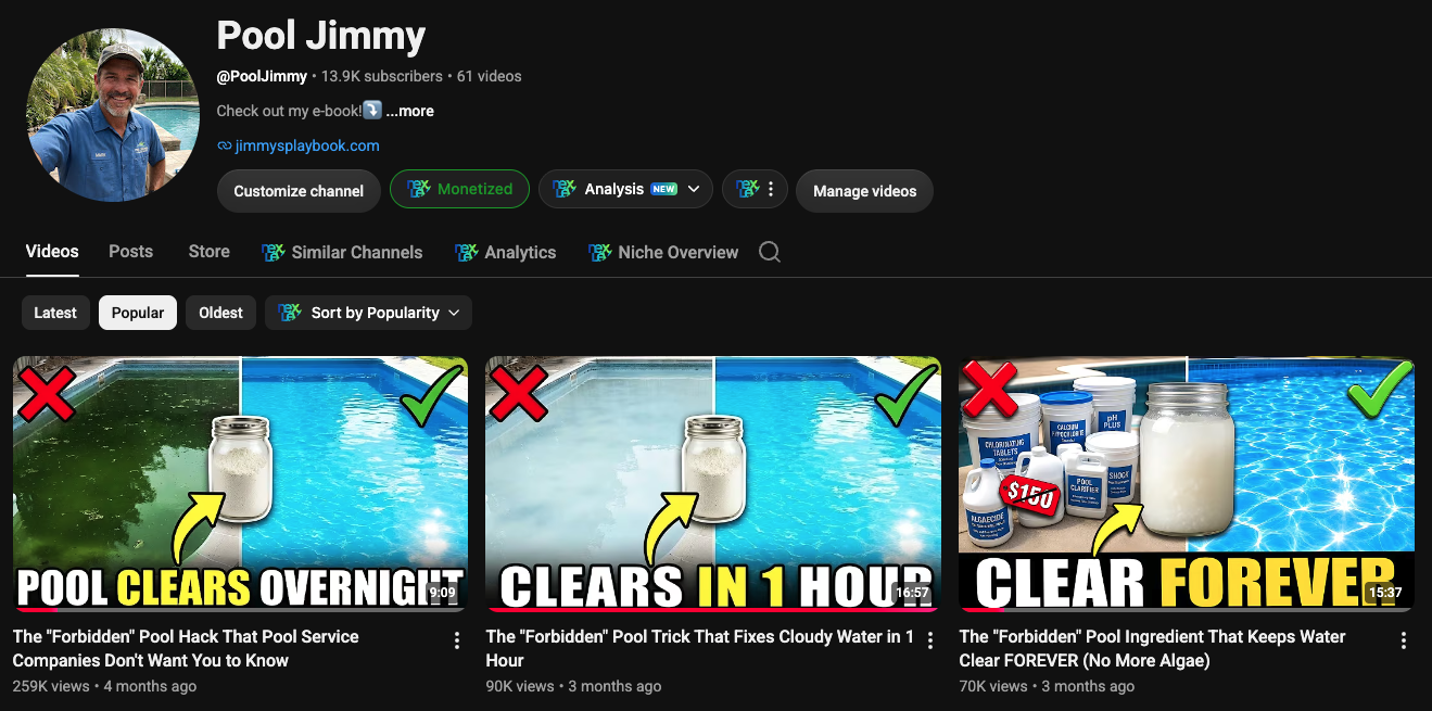 The Pool Jimmy YouTube channel page, 13.9K subscribers and 61 videos