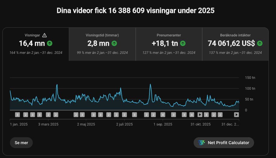 Private channel analytics for 2025: 16.4 million views, 18,100 subscribers gained, $74,061.62 estimated revenue
