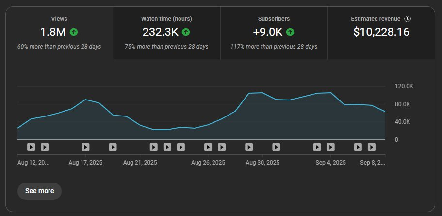 Private channel analytics: 1.8 million views, 9,000 subscribers gained, $10,228.16 estimated revenue in 28 days