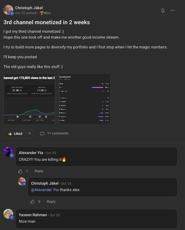 Student post: third channel monetized in two weeks