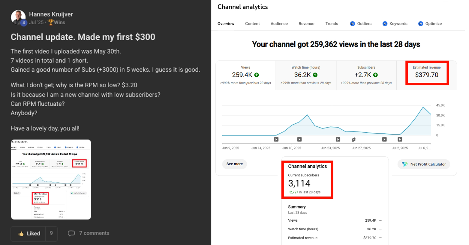 Student post: first $300 from a channel started five weeks earlier